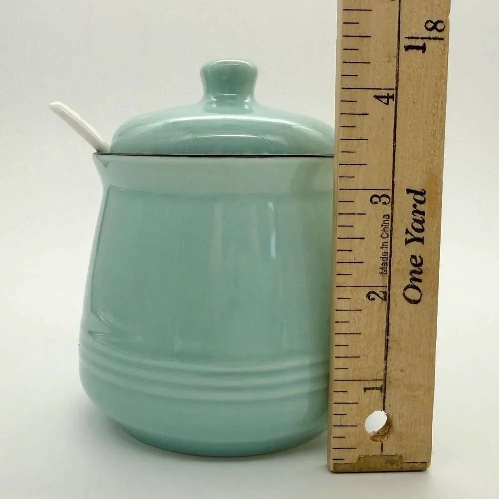 DAYYET Sugar Bowl w/Lid Spoon 10 oz Ceramic Turquoise Aqua Farmhouse Cottagecore